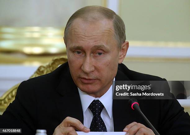 Russian President Vladimir Putin attends the congress of Russian Union of Industrialists and Entrepreneurs on March 20, 2015 in Astana, Kazakhstan....