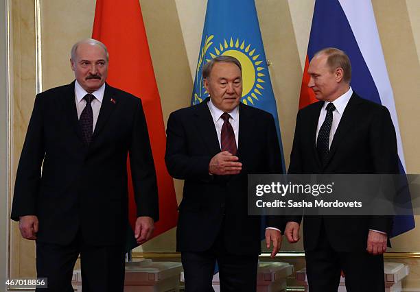 Belarussian President Alexander Lukashenko, Kazakh President Nursultan Nazarbayev, Russian President Vladimir Putin attend the congress of Russian...