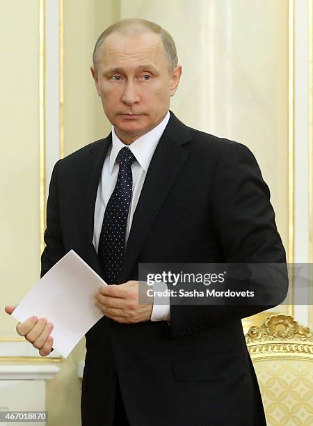 Russian President Vladimir Putin attends the congress of Russian Union of Industrialists and Entrepreneurs on March 20, 2015 in Astana, Kazakhstan....