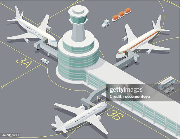 ilustraciones, imágenes clip art, dibujos animados e iconos de stock de isométricos, aeropuerto de transporte - torre de control de circulación aérea
