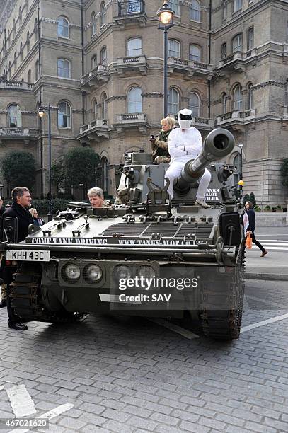 The Stig sighting at The BBC on March 20, 2015 in London, England. The Stig arrived in a tank to deliver a petition, Change.orgs fastest ever growing...