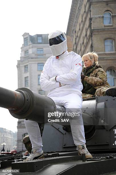 The Stig sighting at The BBC on March 20, 2015 in London, England. The Stig arrived in a tank to deliver a petition, Change.orgs fastest ever growing...