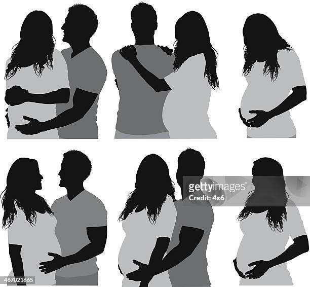 silhouette von einem mann mit seiner schwangeren frau - frau bauch anfassen stock-grafiken, -clipart, -cartoons und -symbole