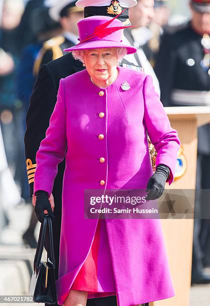 Queen Elizabeth II visits HMS Ocean on March 20, 2015 in Plymouth, England.