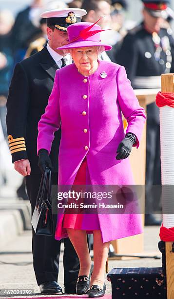 Queen Elizabeth II visits HMS Ocean on March 20, 2015 in Plymouth, England.