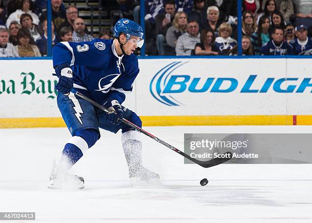 Keith Aulie of the Tampa Bay Lightning skates against the Ottawa Senators at the Tampa Bay Times Forum on January 23, 2014 in Tampa, Florida.