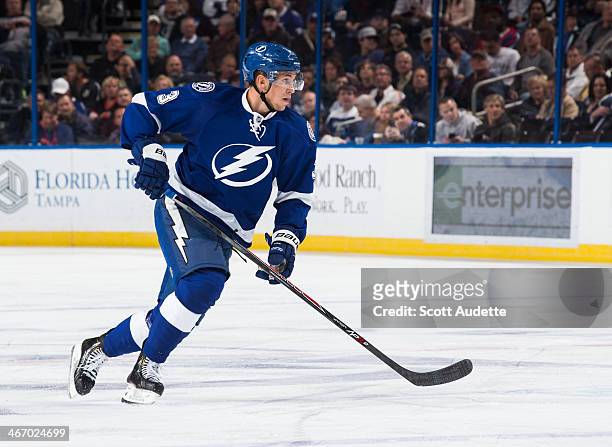 Keith Aulie of the Tampa Bay Lightning skates against the Ottawa Senators at the Tampa Bay Times Forum on January 23, 2014 in Tampa, Florida.