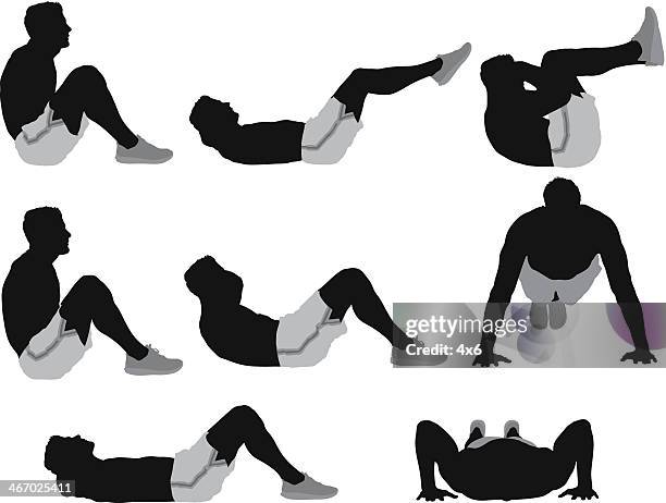 mehrere bilder für eine männliche sportler fitnesstraining - rumpfbeuge stock-grafiken, -clipart, -cartoons und -symbole