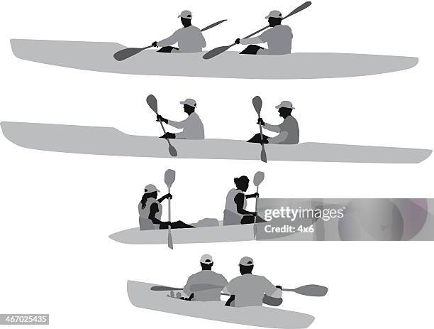 silhouette of people kayaking - people on canoe clip art stock illustrations