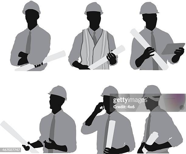 multiple images of an architect with blueprint - construction worker ipad stock illustrations