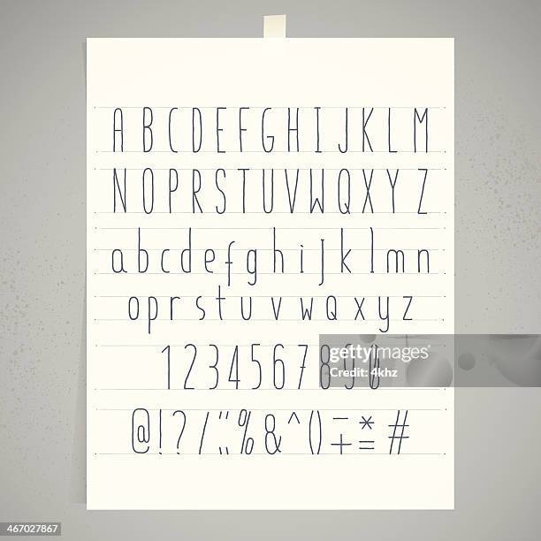 stockillustraties, clipart, cartoons en iconen met white paper adhesive tape gray wall condensed handwriting alphabet - dik geconcentreerd