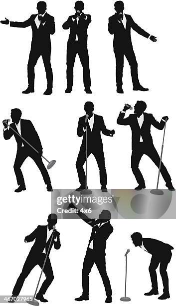 silhouette of businessmen singing into microphones - microphone stand stock illustrations