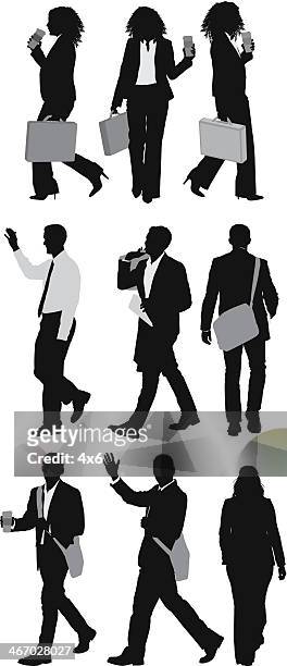 silhouette of business executives in different poses - businesswoman silhouette stock illustrations
