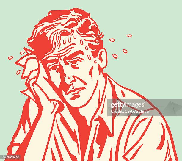 bildbanksillustrationer, clip art samt tecknat material och ikoner med red carton outline of sweaty sad man on blue background - obekväm