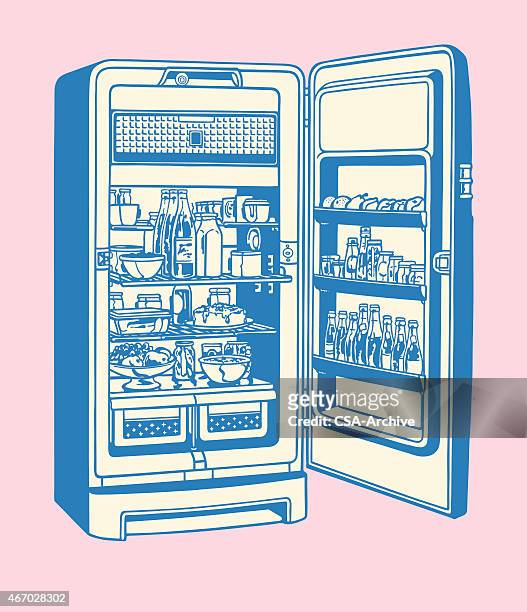 open refrigerator - fridge line art stock illustrations