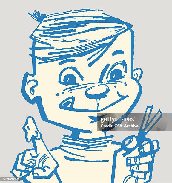 boy eating paste holding scissors - holding scissors stock illustrations