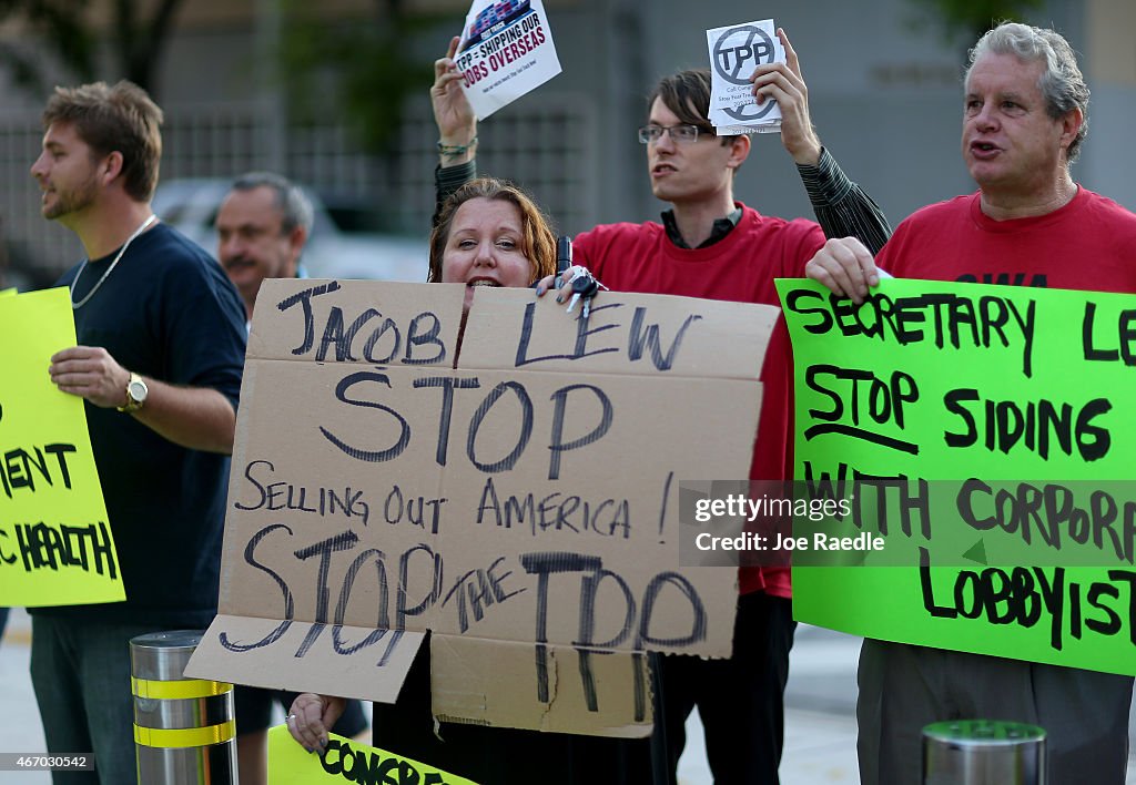 Labor Activists Protests Outside Treasury Secretary's Lew Talk At Miami Dade College