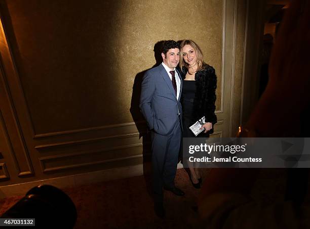 Actor Jason Biggs and author/actress Jenny Mollen pose for a photo at "The Heidi Chronicles" Broadway Opening Night at The Music Box Theatre on March...