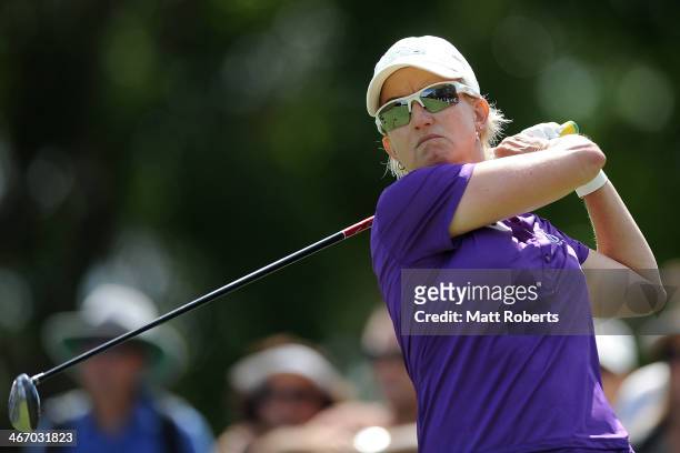 Karrie Webb of Australia plays her tee shot during day one of the 2014 Ladies Masters at Royal Pines Resort on February 6, 2014 on the Gold Coast,...
