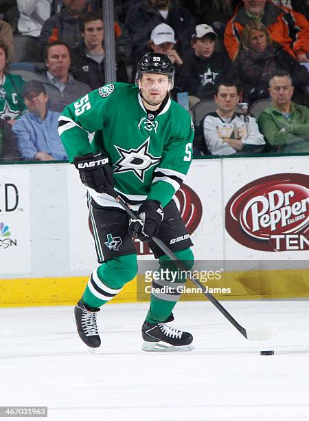 Sergei Gonchar of the Dallas Stars handles the puck against the Colorado Avalanche at the American Airlines Center on January 27, 2014 in Dallas,...