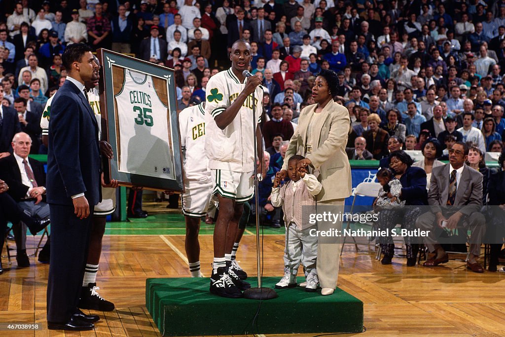 Reggie Lewis Dee Brown of the Boston Celtics speaks during Reggie Lewis Night on ...