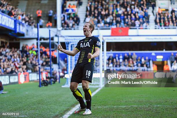 Harry Kane of Tottenham Hotspur celebrates scoring his 2nd goal during the Barclays Premier League match between Queens Park Rangers and Tottenham...