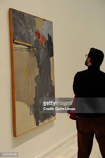 Visitor looks at the painting 'Out the Window Number 2' by Jasper Johns during the opening for the press of the exhibition 'Fuego blanco' , on loan...