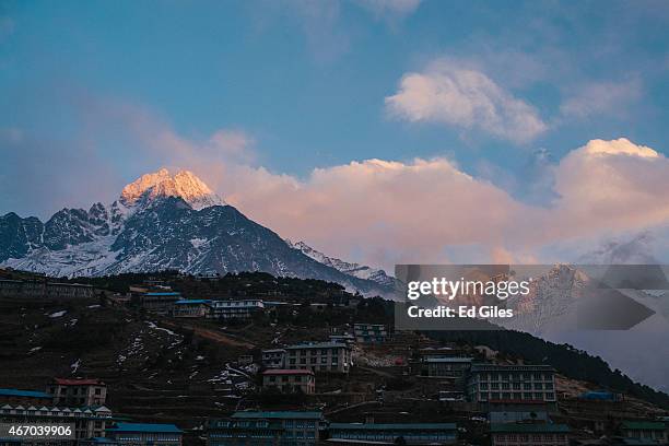 The town of Namche Bazaar in the Solu-Khumbu region of Nepal is seen at sunset on February 7, 2015. The Solu-Khumbu region is home to the world's...