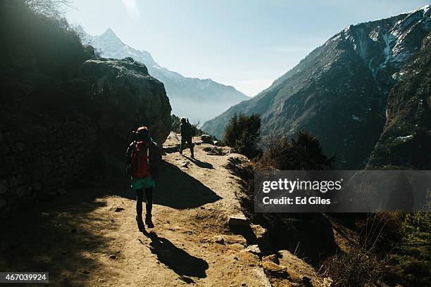 Two trekkers walk along a trail near the town of Namche Bazaar, in the Solu-Khumbu region of Nepal, February 16, 2015. Trekking is the largest sole...