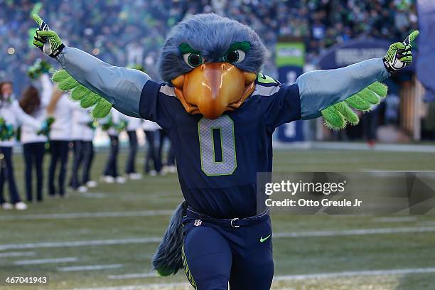 Team mascot Blitz, of the Seattle Seahawks takes the field during the Seahawks' Super Bowl XLVIII Victory Parade ceremonies at CenturyLink Field on...