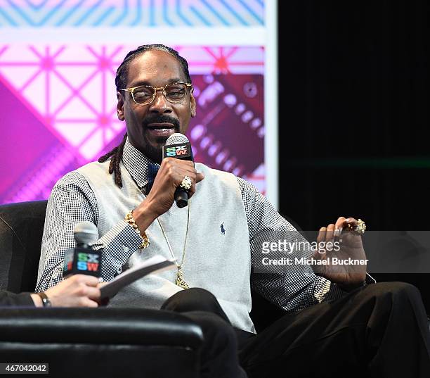 Recording artist Snoop Dogg speaks on stage at the Snoop Dogg Keynote during the 2015 SXSW Music, Film + Interactive Festival at Austin Convention...