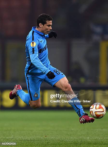 Hernanes of FC Internazionale in action during the UEFA Europa League Round of 16 match between FC Internazionale Milano and VfL Wolfsburg at Stadio...