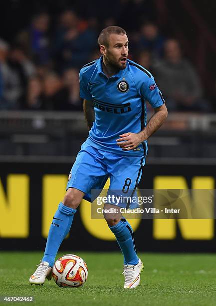 Rodrigo Palacio of FC Internazionale in action during the UEFA Europa League Round of 16 match between FC Internazionale Milano and VfL Wolfsburg at...