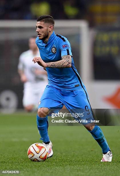 Mauro Icardi of FC Internazionale in action during the UEFA Europa League Round of 16 match between FC Internazionale Milano and VfL Wolfsburg at...