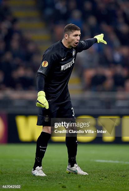 Juan Pablo Carrizo of FC Internazionale during the UEFA Europa League Round of 16 match between FC Internazionale Milano and VfL Wolfsburg at Stadio...