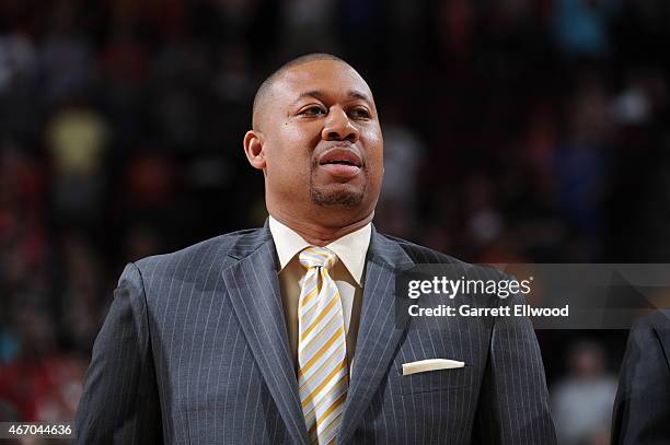 Melvin Hunt of the Denver Nuggets stands on the court before the game against the Houston Rockets on March 19, 2015 at the Toyota Center in Houston,...
