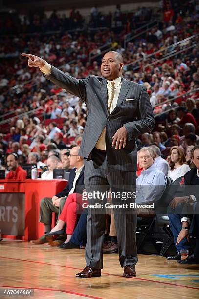 Melvin Hunt of the Denver Nuggets coaches against the Houston Rockets on March 19, 2015 at the Toyota Center in Houston, Texas. NOTE TO USER: User...