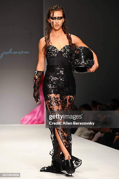 Model wearing fashion by designer Coco Johnsen walks the runway during Style Fashion Week, LA at The Reef on March 19, 2015 in Los Angeles,...