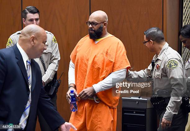 Marion 'Suge' Knight appears in court with his Lawyer Matthew P Fletcher for his bail hearing at Criminal Courts Building on March 20, 2015 in Los...