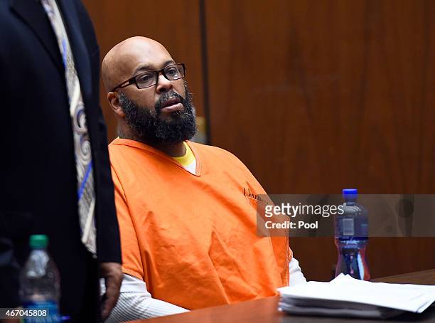 Marion 'Suge' Knight appears in court for his bail hearing at Criminal Courts Building on March 20, 2015 in Los Angeles, California. Knight collapsed...