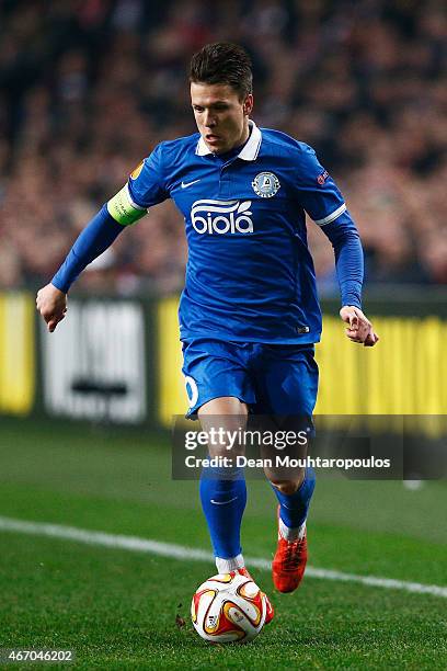 Yevhen Konoplyanka of Dnipro controls the ball during the UEFA Europa League Round of 16, second leg match between AFC Ajax v FC Dnipro...