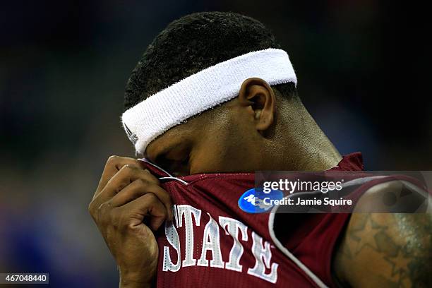 Eldridge of the New Mexico State Aggies reacts against the Kansas Jayhawks during the second round of the 2015 NCAA Men's Basketball Tournament at...