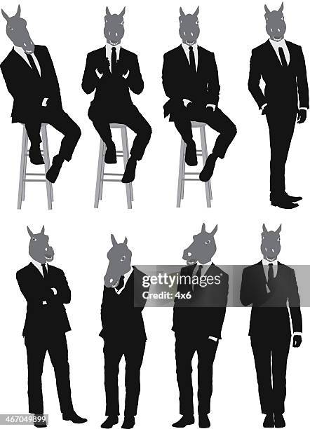 multiple images of a businessman with horse's head - animal imitation stock illustrations