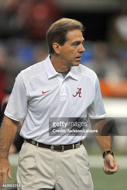 Head coach Nick Saban of the Alabama Crimson Tide walks the field during pregame before their loss to the Oklahoma Sooners in the BCS Sugar Bowl on...