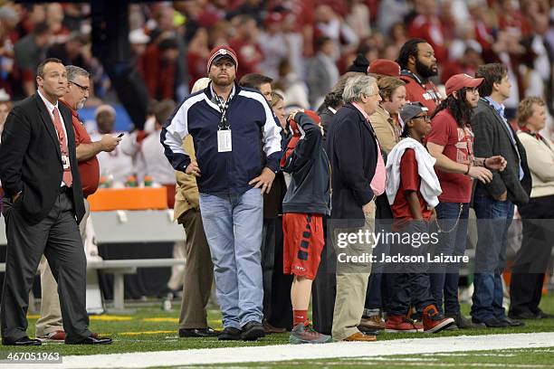 Country music singer and super fan Toby Keith wathces the Oklahoma Sooners from the sideline during their win against the Alabama Crimson Tide in the...