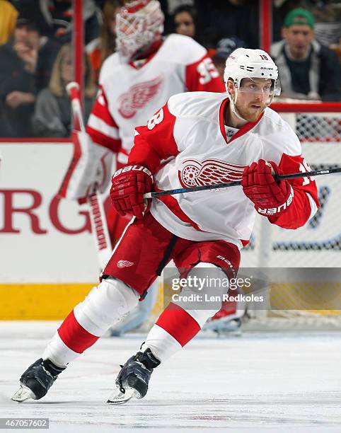 Joakim Andersson of the Detroit Red Wings skates against the Philadelphia Flyers on March 14, 2015 at the Wells Fargo Center in Philadelphia,...