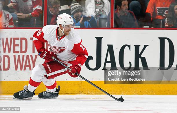 Joakim Andersson of the Detroit Red Wings skates against the Philadelphia Flyers on March 14, 2015 at the Wells Fargo Center in Philadelphia,...