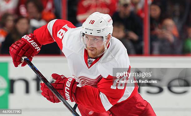 Joakim Andersson of the Detroit Red Wings skates against the Philadelphia Flyers on March 14, 2015 at the Wells Fargo Center in Philadelphia,...