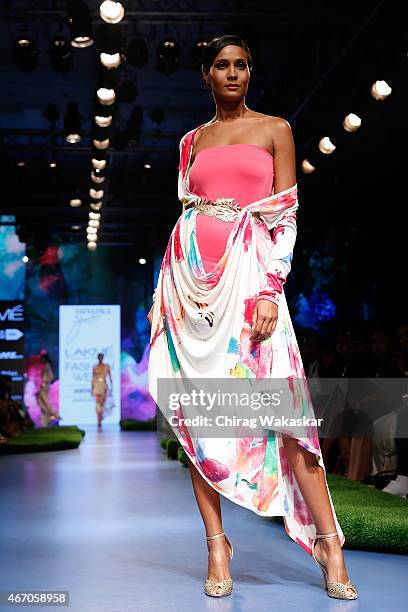 Model walks the runway during the SatyaPaul by Gauri Khan show on Day 3 of Lakme Fashion Week Summer/Resort 2015 at Palladium Hotel on March 20, 2015...