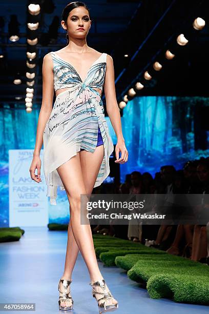 Model walks the runway during the SatyaPaul by Gauri Khan show on Day 3 of Lakme Fashion Week Summer/Resort 2015 at Palladium Hotel on March 20, 2015...